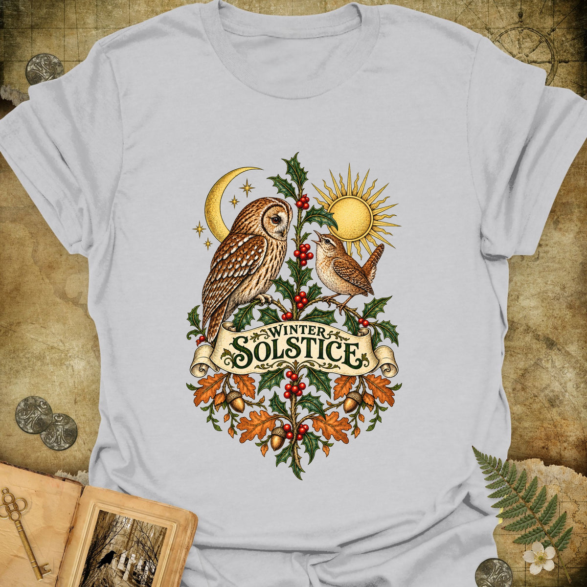 Winter Solstice Botanical Crest T-Shirt - Ice Grey