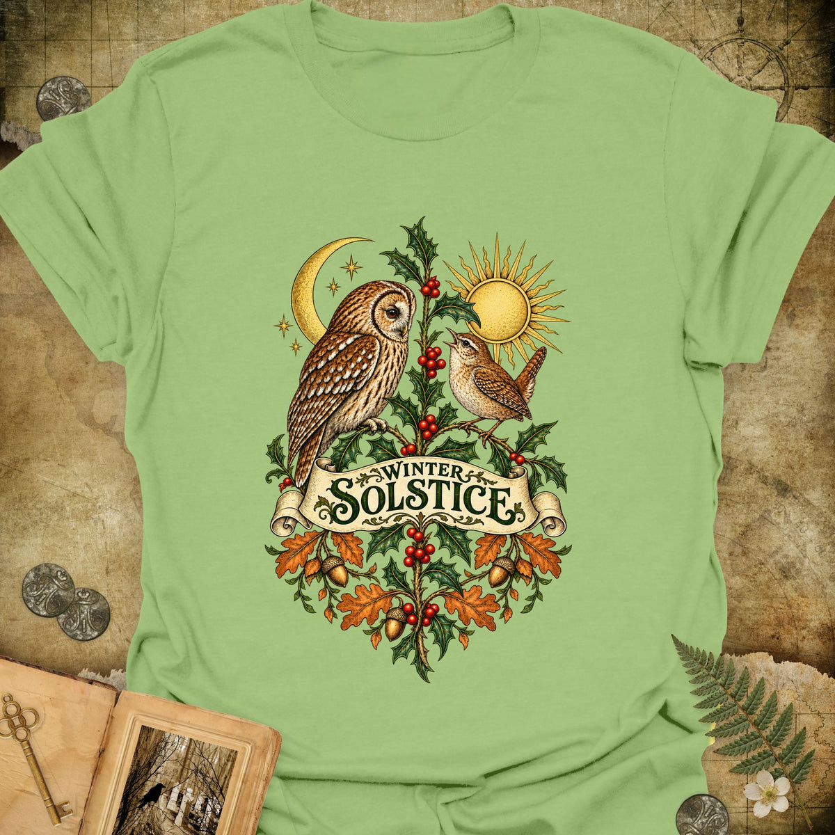 Winter Solstice Botanical Crest T-Shirt - Kiwi