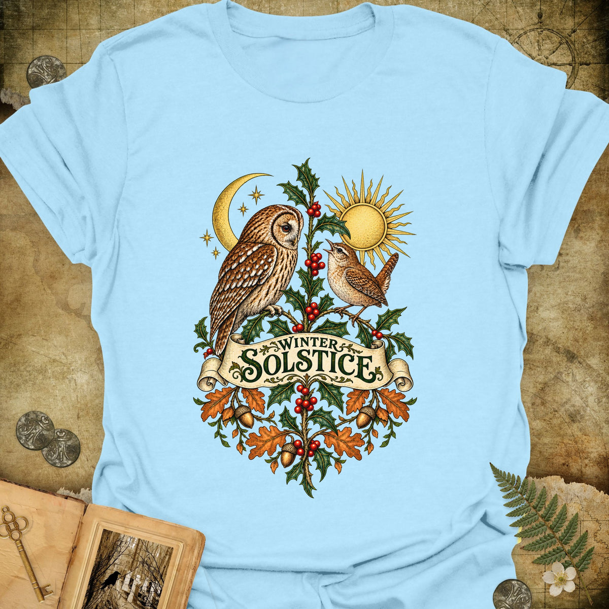Winter Solstice Botanical Crest T-Shirt - Light Blue