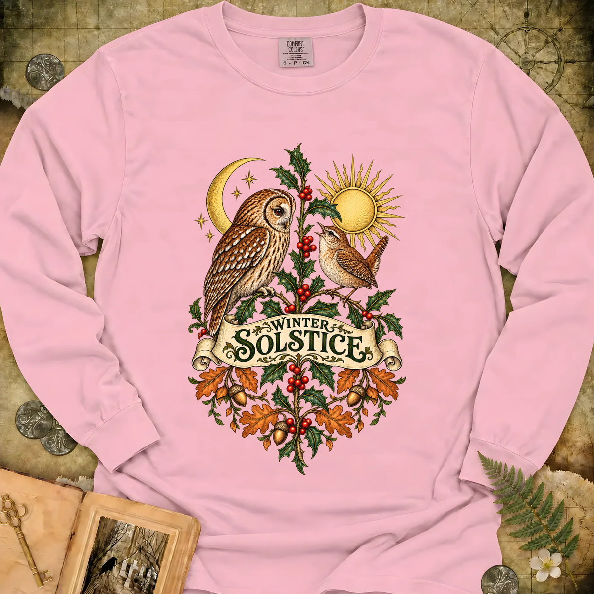 Winter Solstice Botanical Crest Long Sleeve T-Shirt - Blossom
