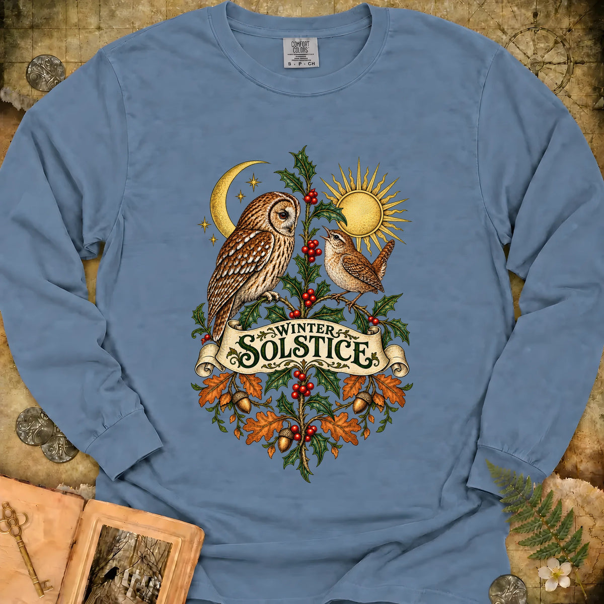 Winter Solstice Botanical Crest Long Sleeve T-Shirt - Blue Jean