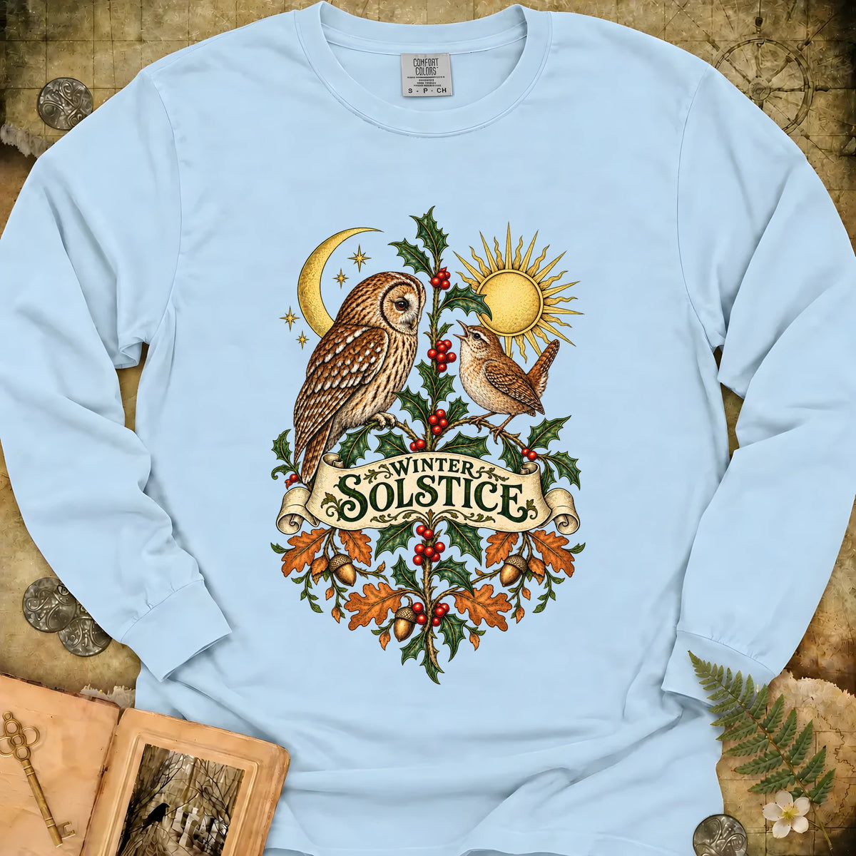 Winter Solstice Botanical Crest Long Sleeve T-Shirt - Chambray