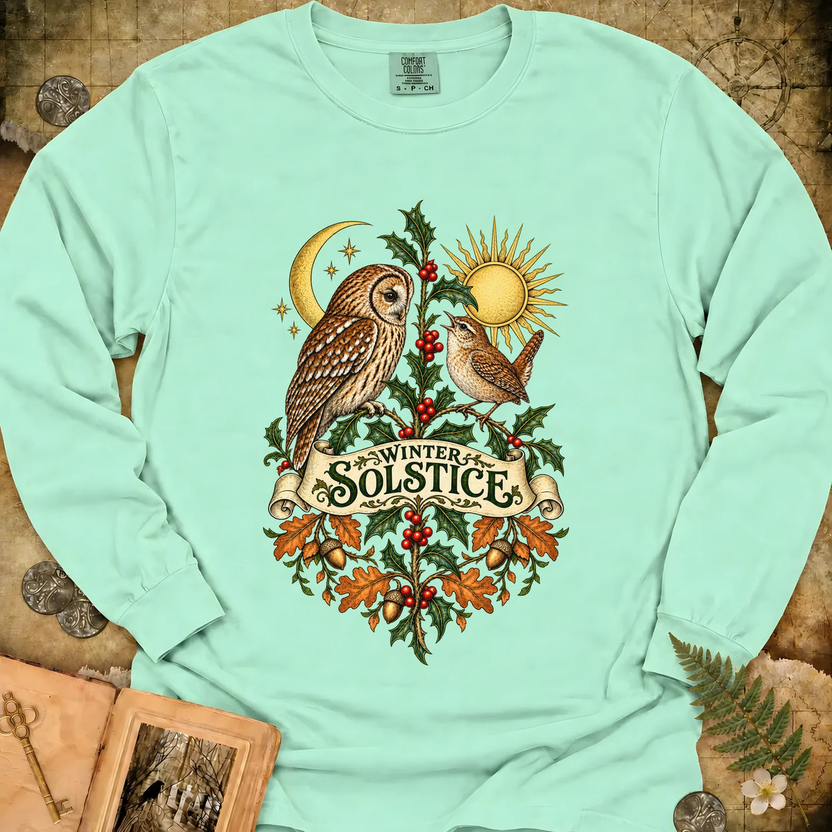 Winter Solstice Botanical Crest Long Sleeve T-Shirt - Island Reef