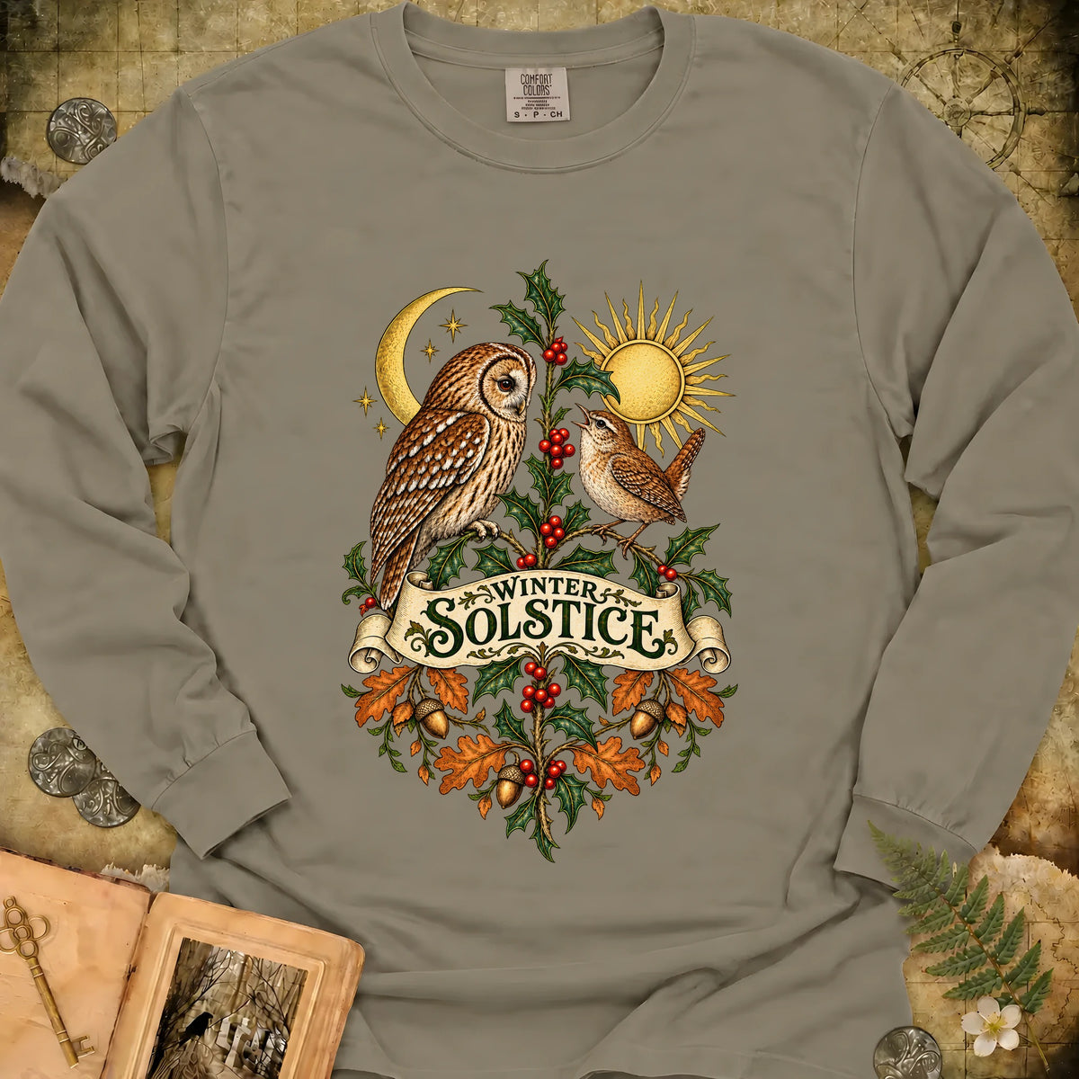 Winter Solstice Botanical Crest Long Sleeve T-Shirt - Sandstone