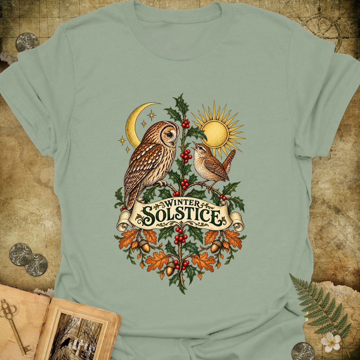 Winter Solstice Botanical Crest T-Shirt - Sage