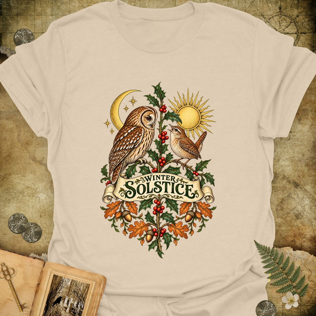 Winter Solstice Botanical Crest T-Shirt - Sand