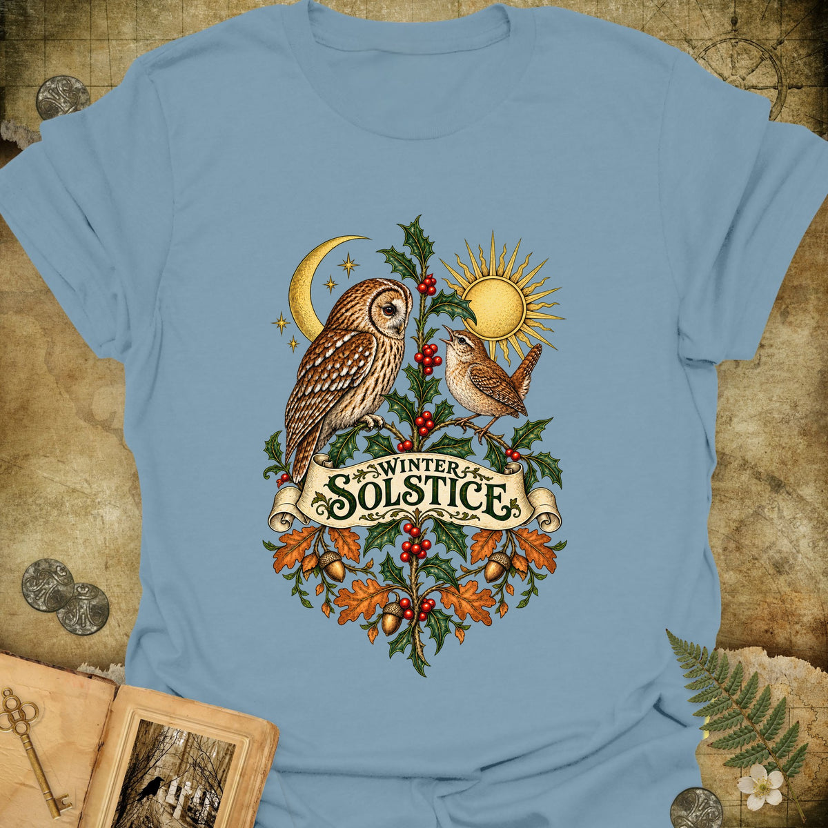 Winter Solstice Botanical Crest T-Shirt - Stone Blue