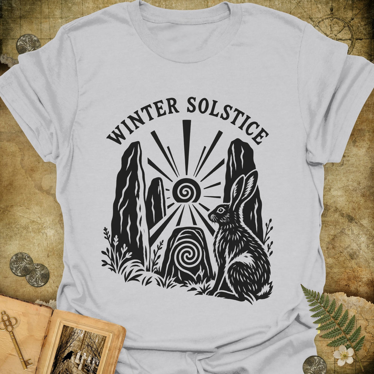 Winter Solstice Hare Emblem T-Shirt - Ice Grey