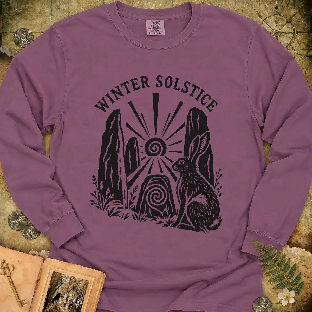 Winter Solstice Hare Emblem Long Sleeve T-Shirt - Berry