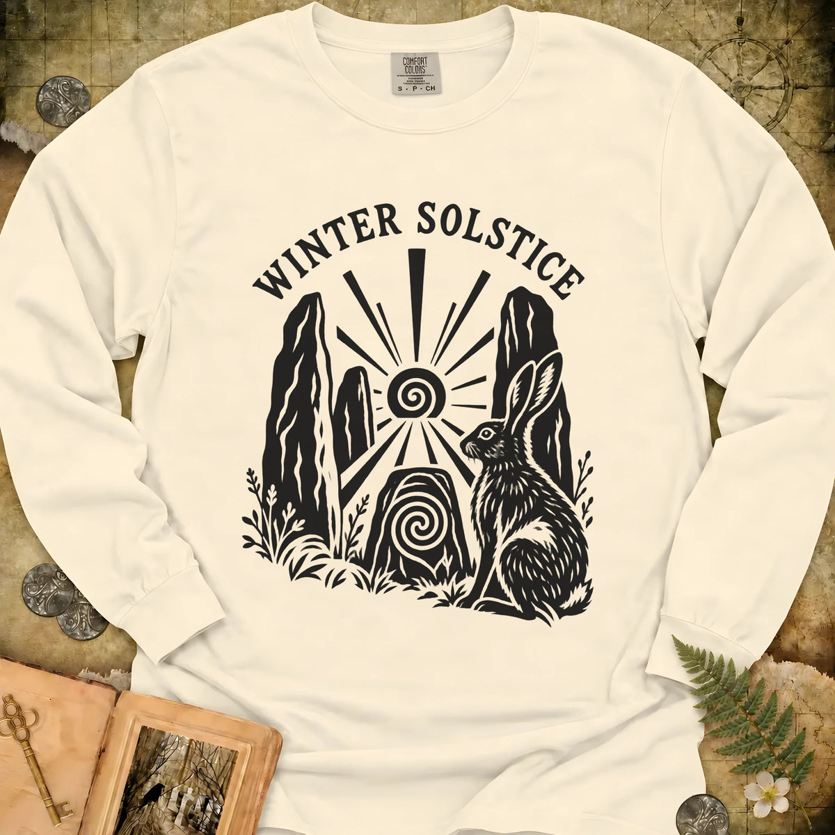 Winter Solstice Hare Emblem Long Sleeve T-Shirt - Ivory