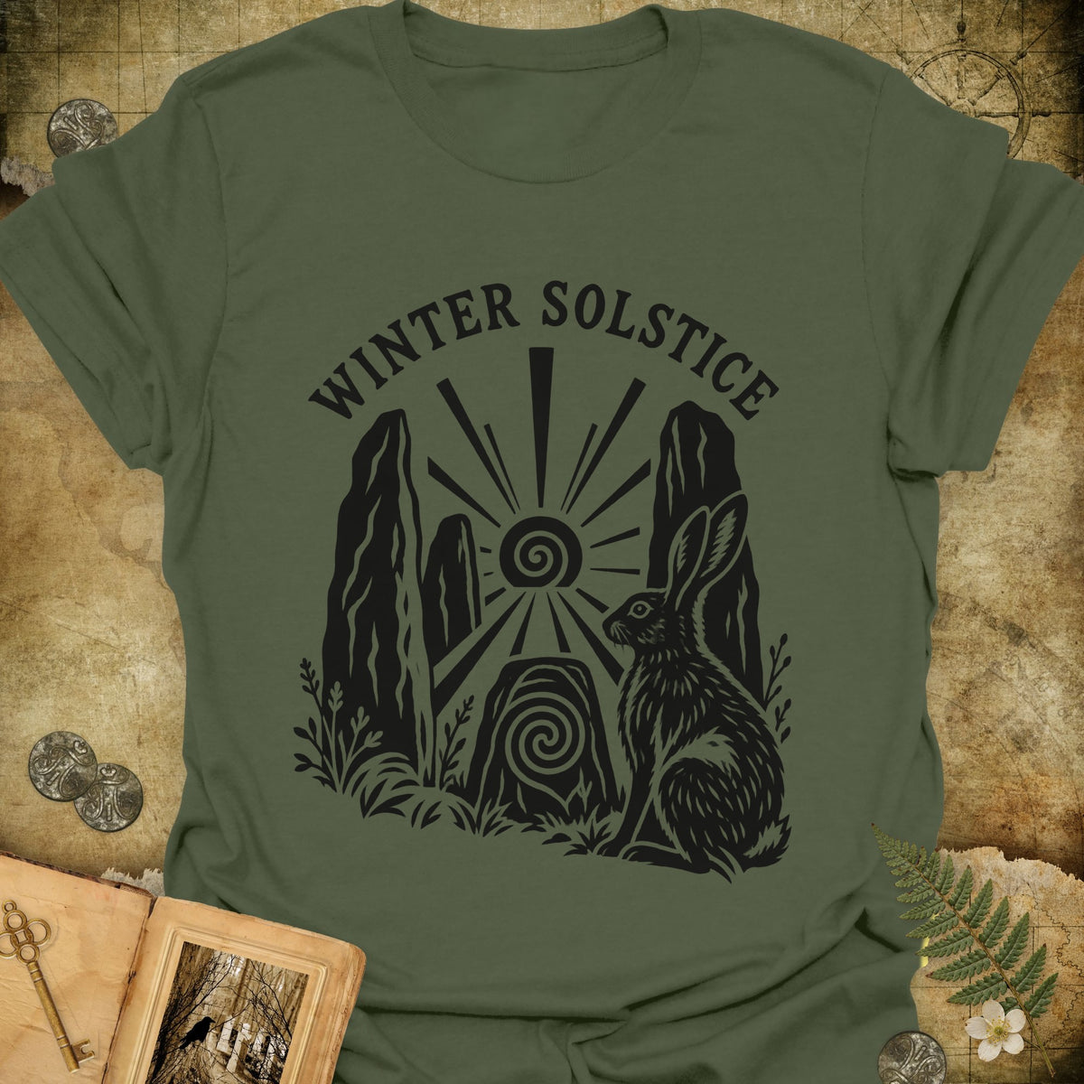 Winter Solstice Hare Emblem T-Shirt - Military Green