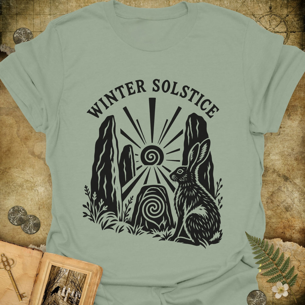 Winter Solstice Hare Emblem T-Shirt - Sage