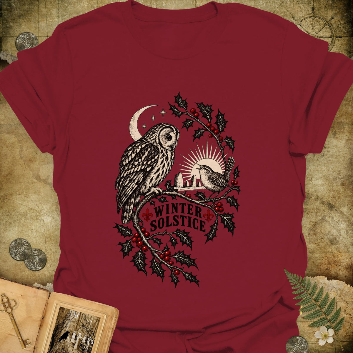 Winter Solstice Holly Birds T-Shirt - Cardinal Red
