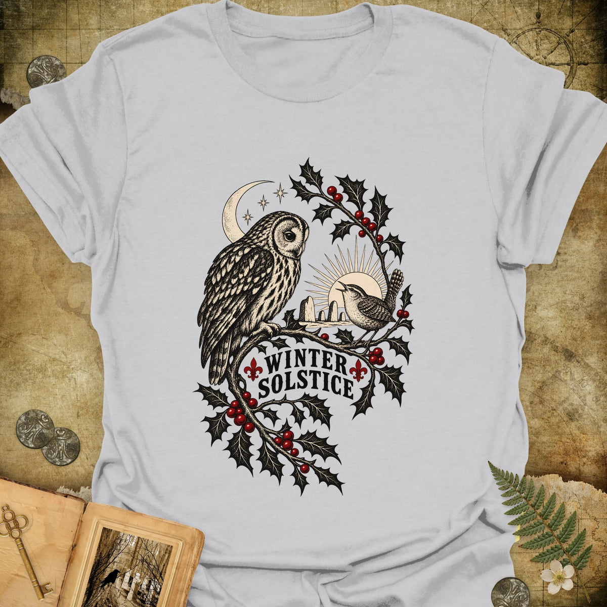Winter Solstice Holly Birds T-Shirt - Ice Grey