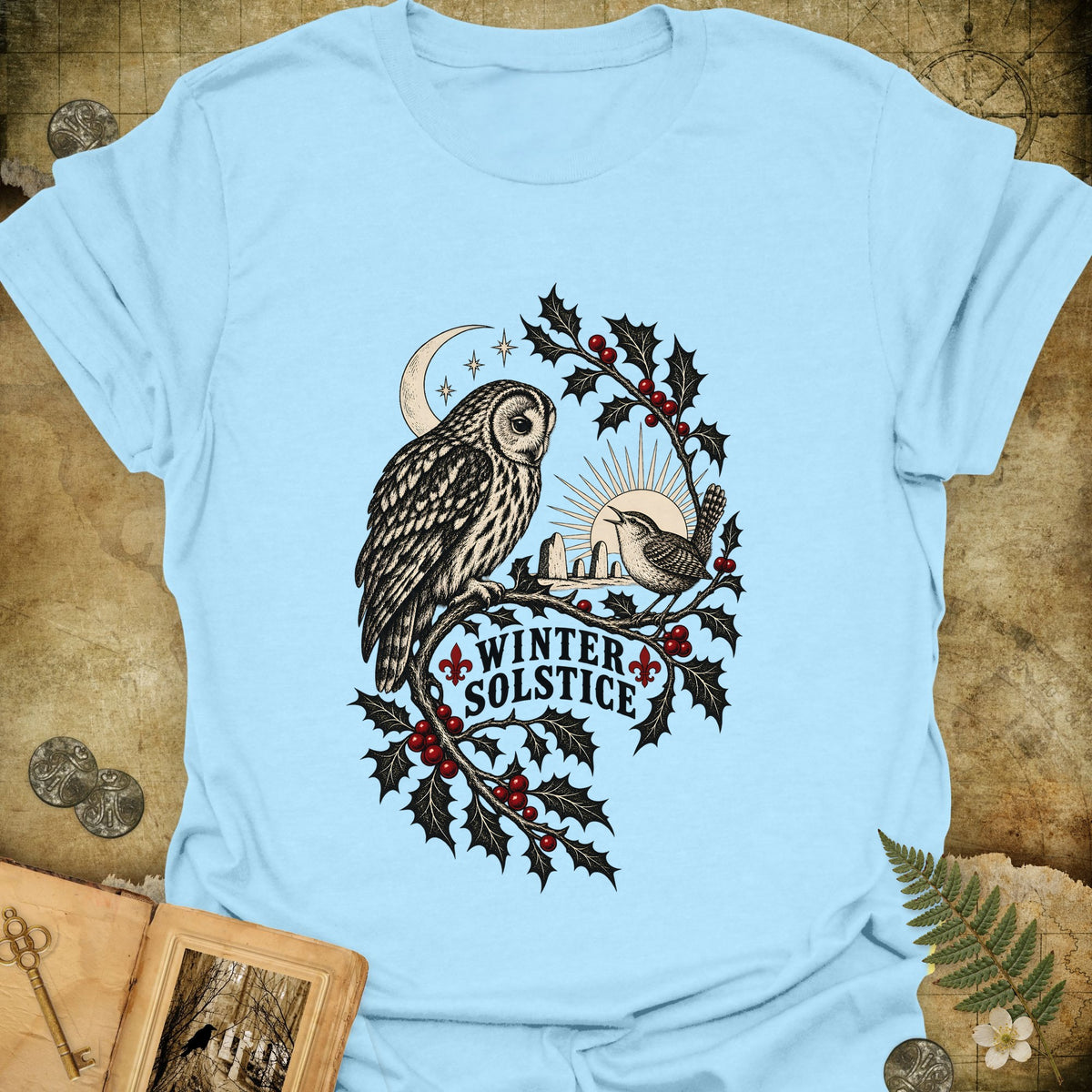 Winter Solstice Holly Birds T-Shirt - Light Blue