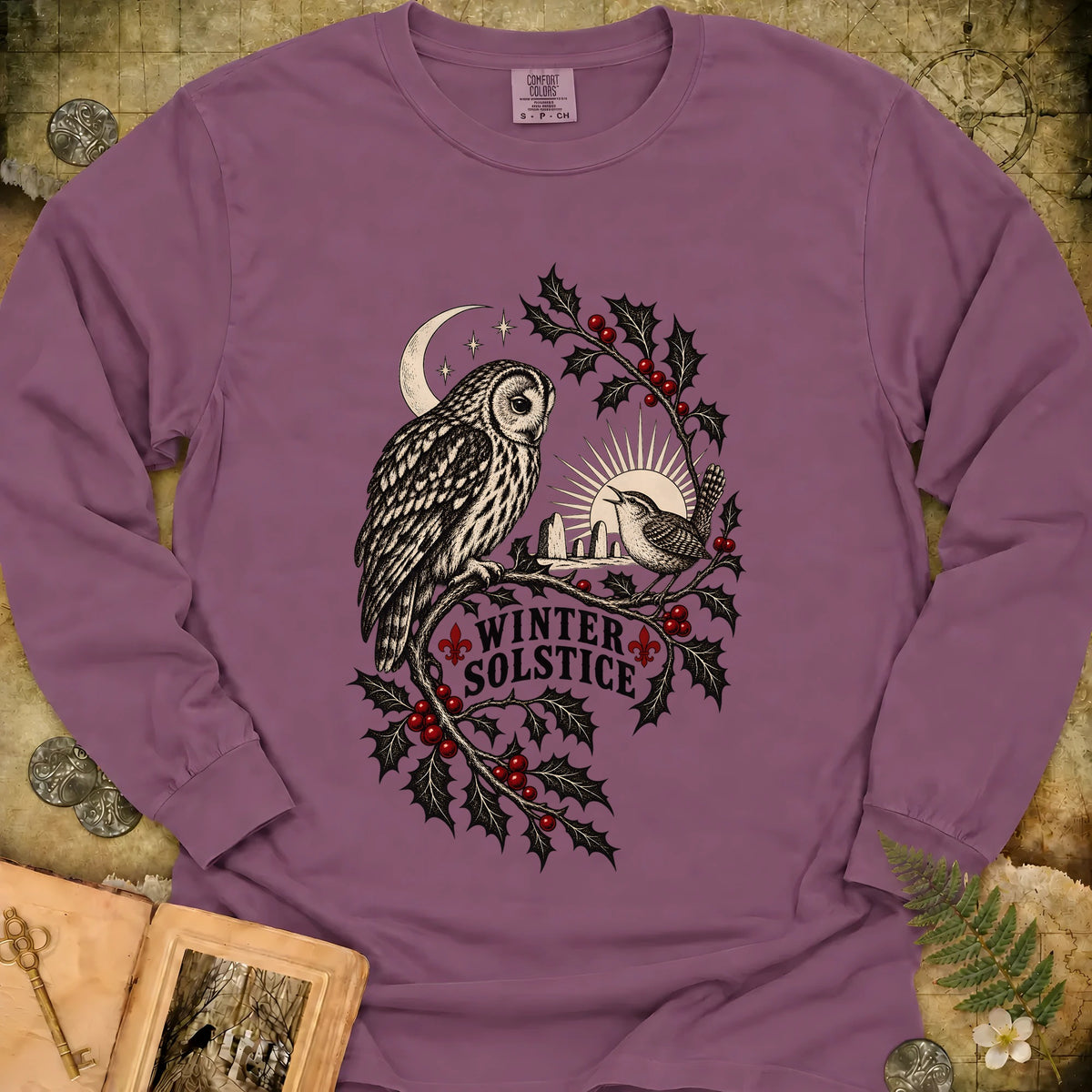 Winter Solstice Holly Birds Long Sleeve T-Shirt - Berry