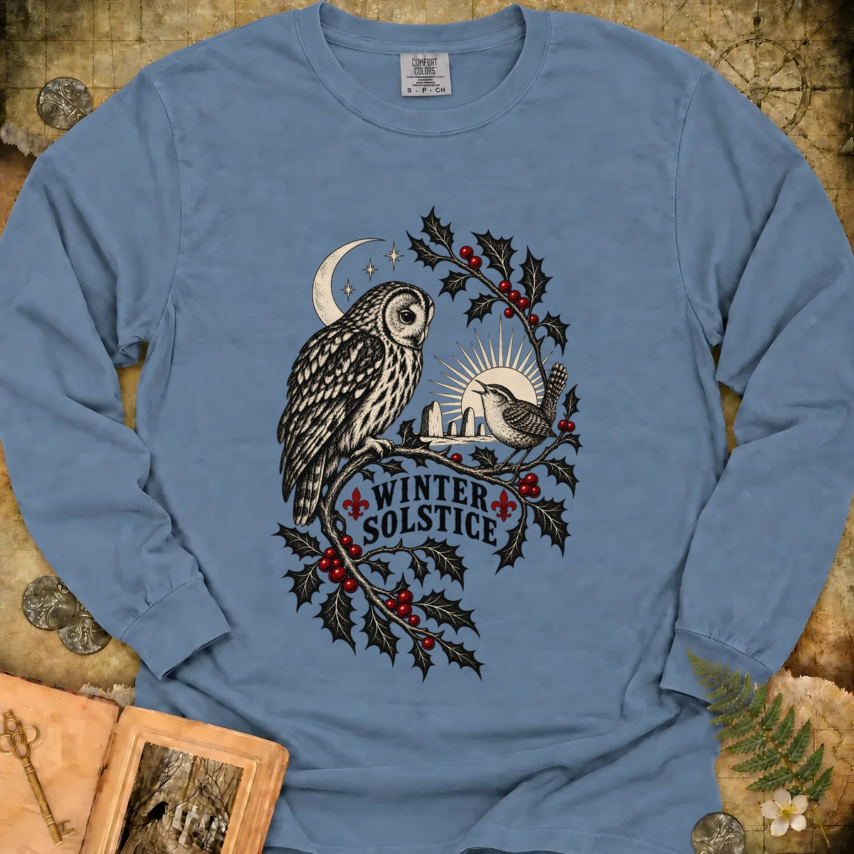 Winter Solstice Holly Birds Long Sleeve T-Shirt - Blue Jean