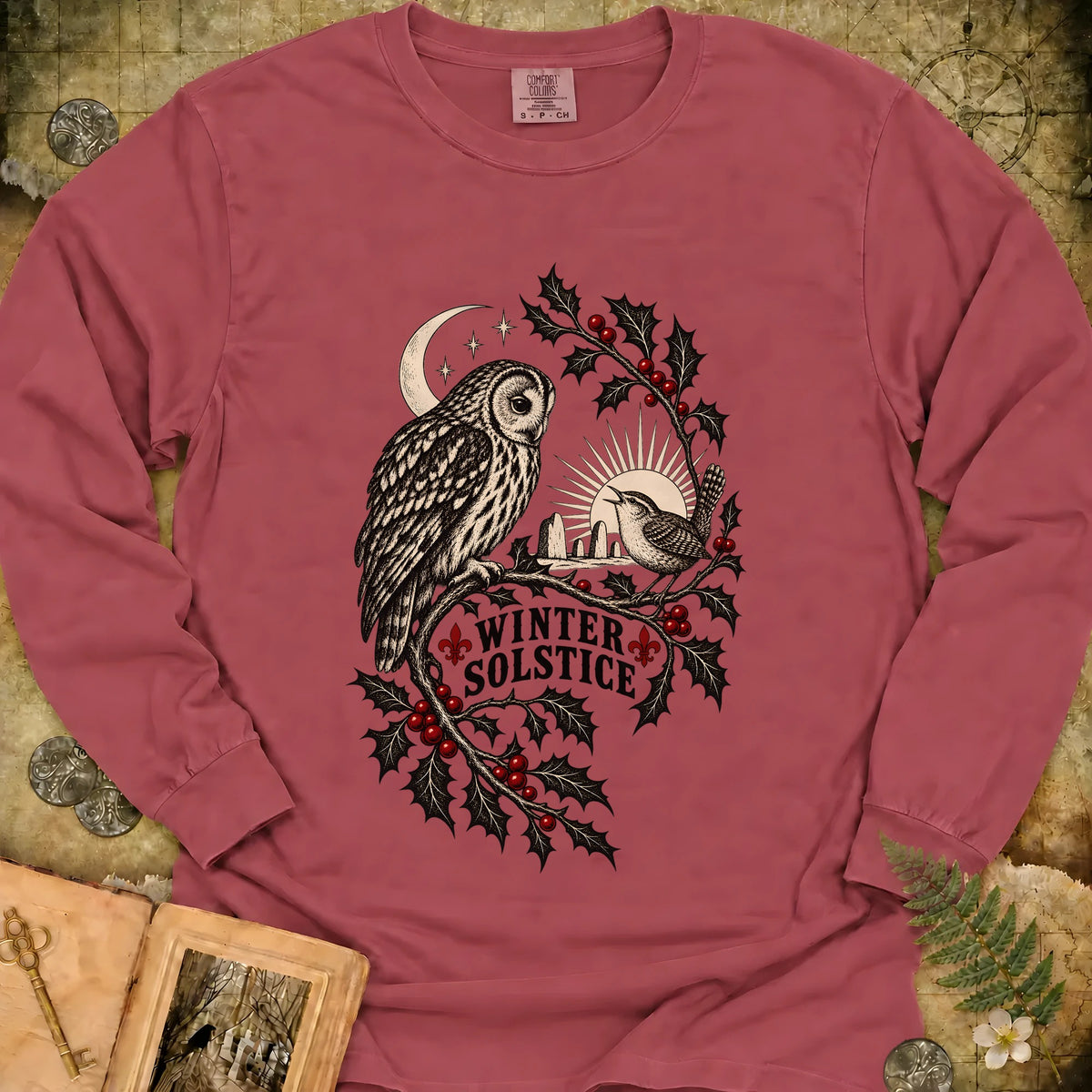 Winter Solstice Holly Birds Long Sleeve T-Shirt - Brick