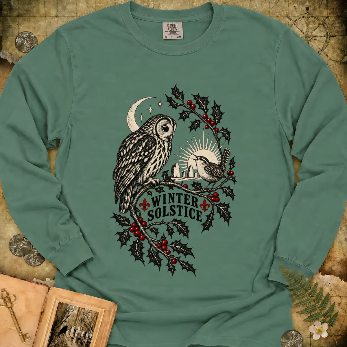 Winter Solstice Holly Birds Long Sleeve T-Shirt - Light Green