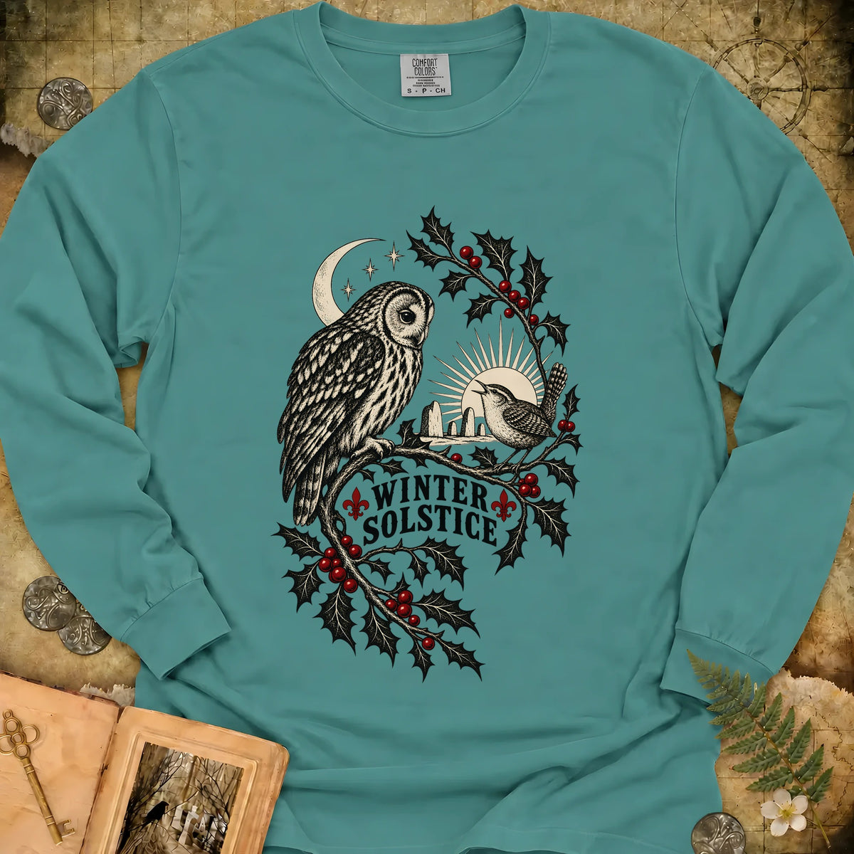 Winter Solstice Holly Birds Long Sleeve T-Shirt - Seafoam