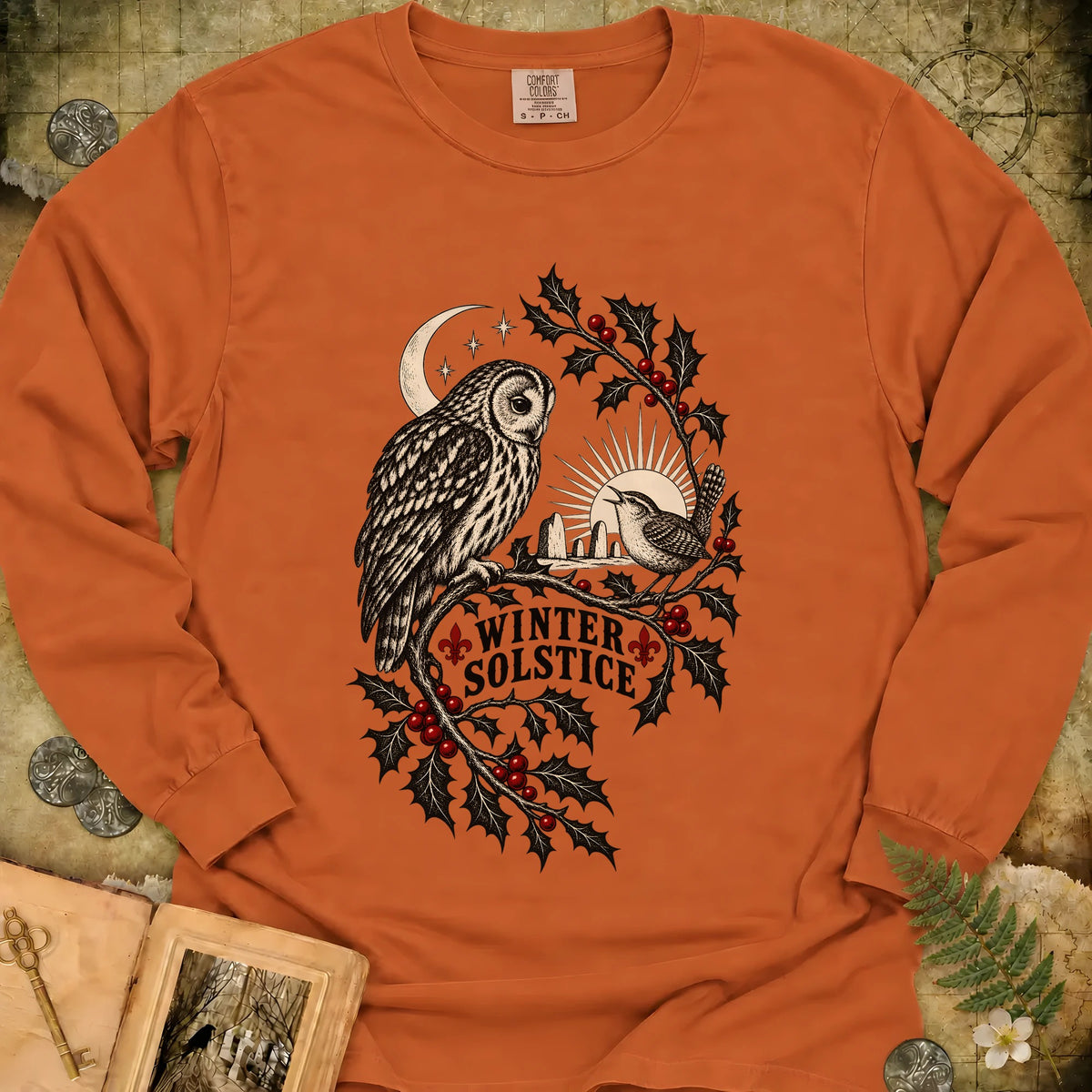 Winter Solstice Holly Birds Long Sleeve T-Shirt - Yam