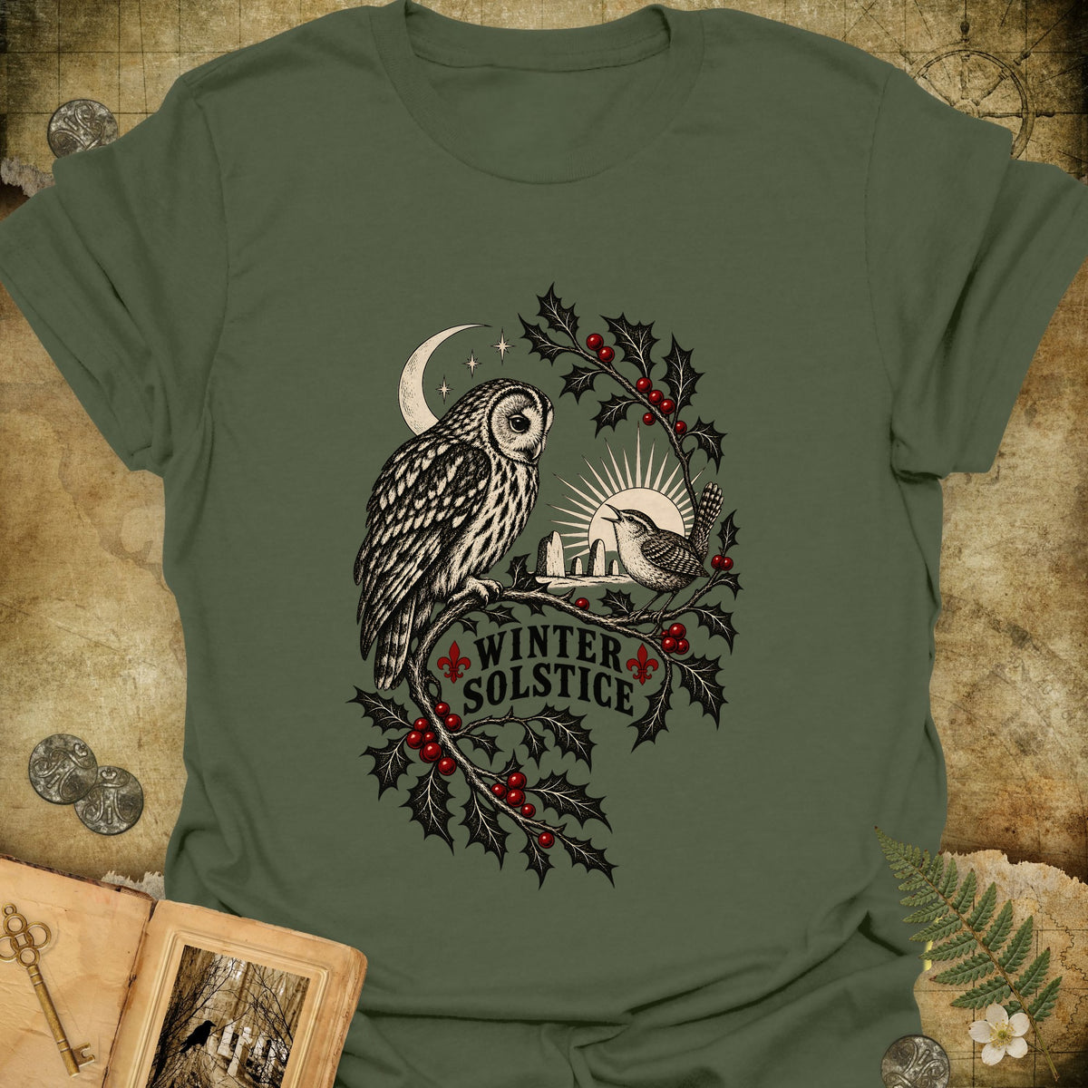 Winter Solstice Holly Birds T-Shirt - Military Green