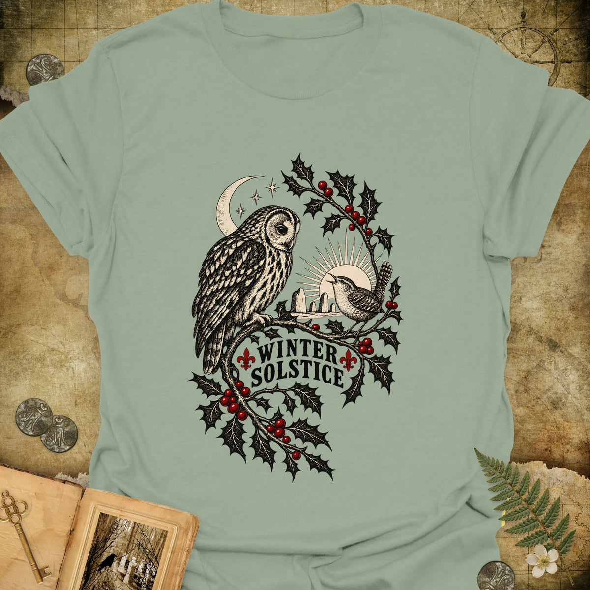 Winter Solstice Holly Birds T-Shirt - Sage