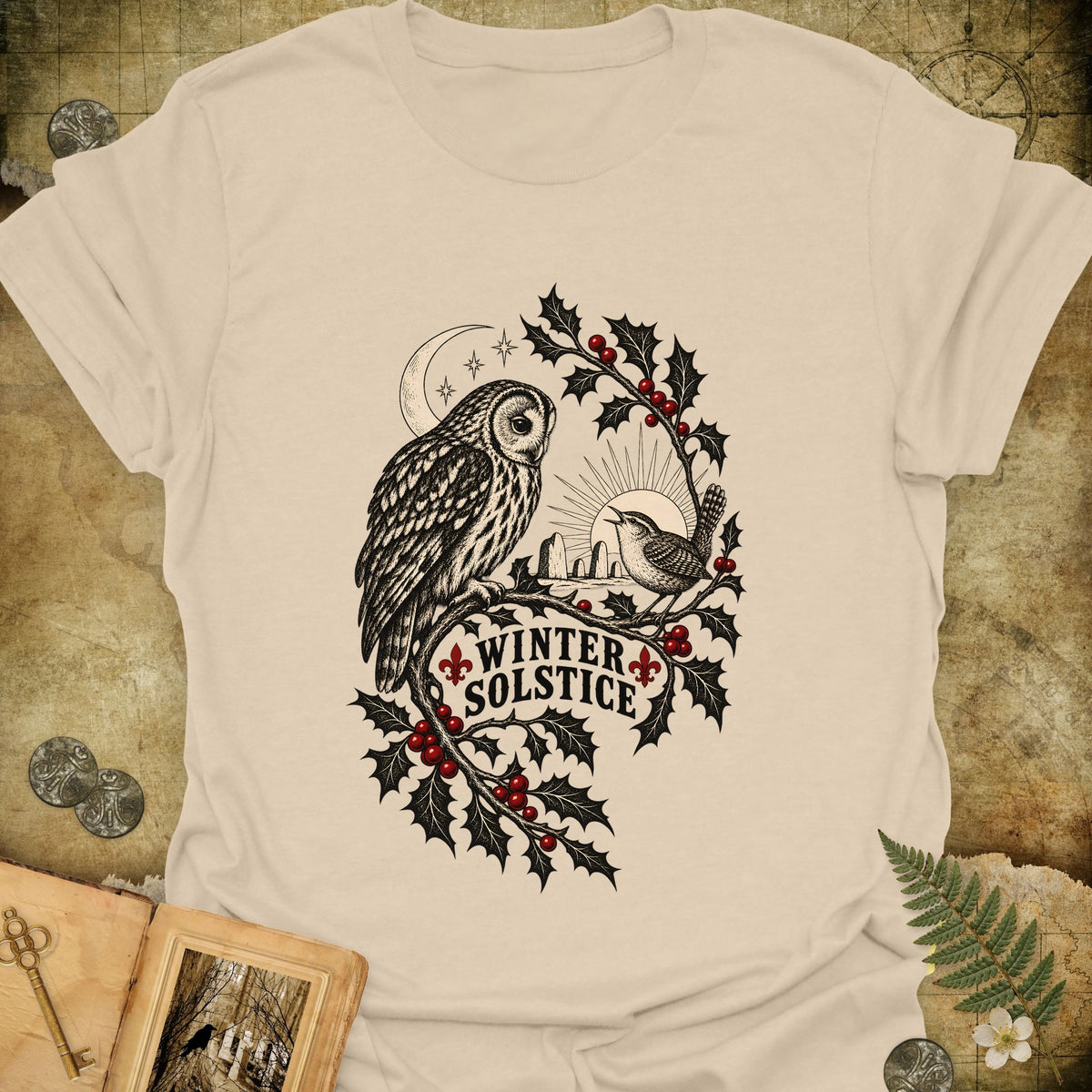 Winter Solstice Holly Birds T-Shirt - Sand