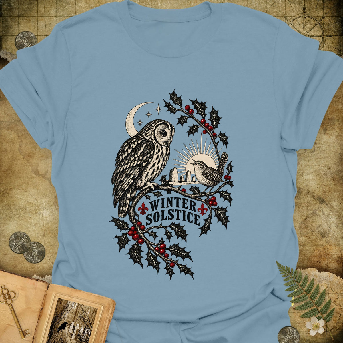 Winter Solstice Holly Birds T-Shirt - Stone Blue