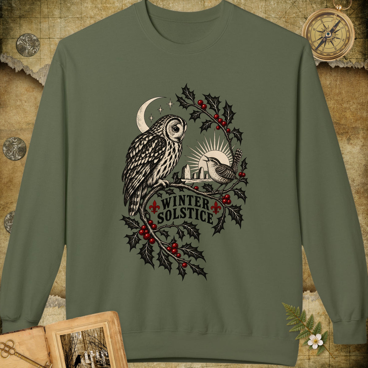 Winter Solstice Holly Birds Sweatshirt - Military Green