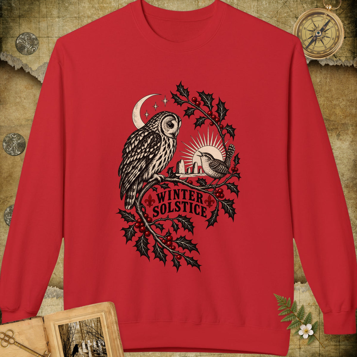 Winter Solstice Holly Birds Sweatshirt - Red