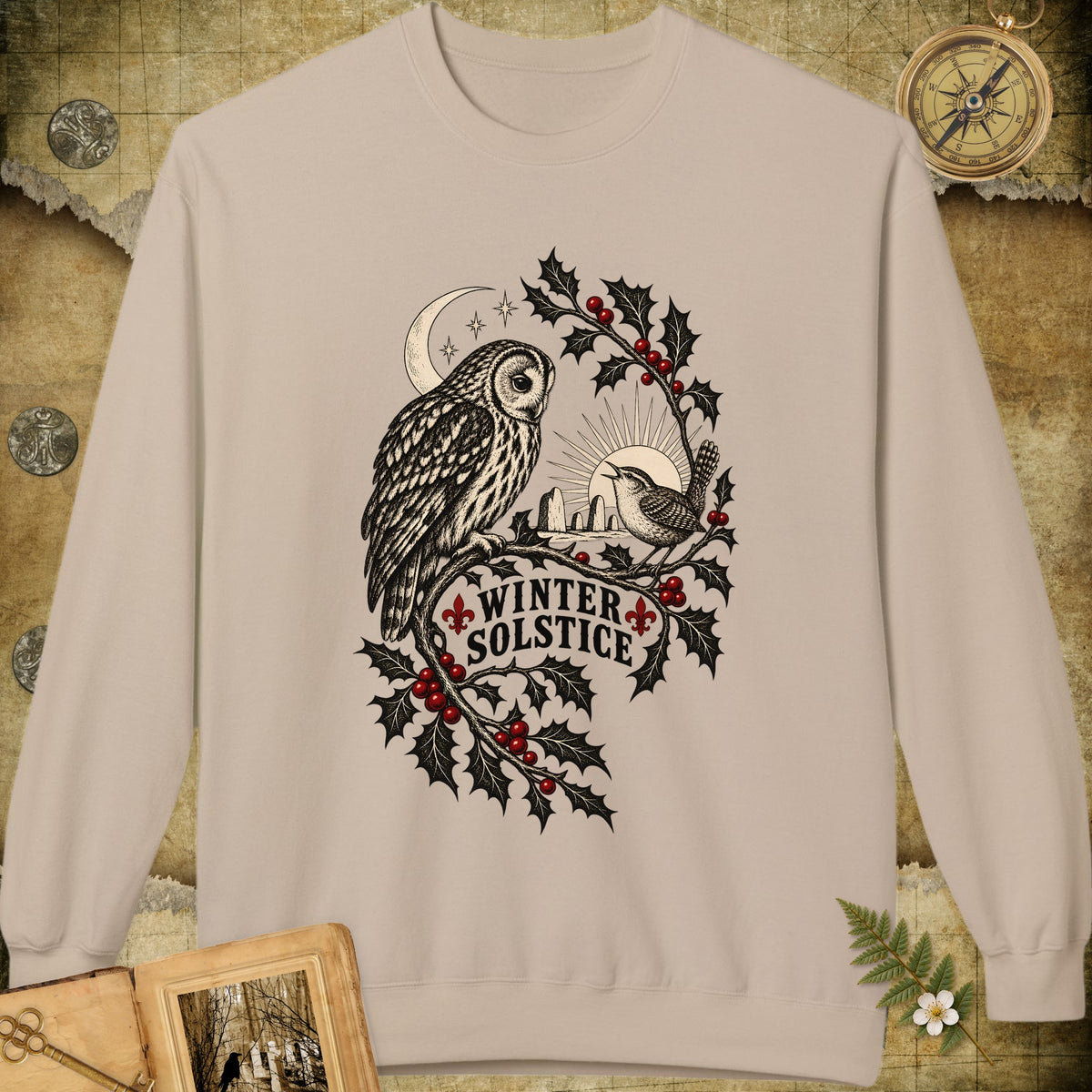 Winter Solstice Holly Birds Sweatshirt - Sand
