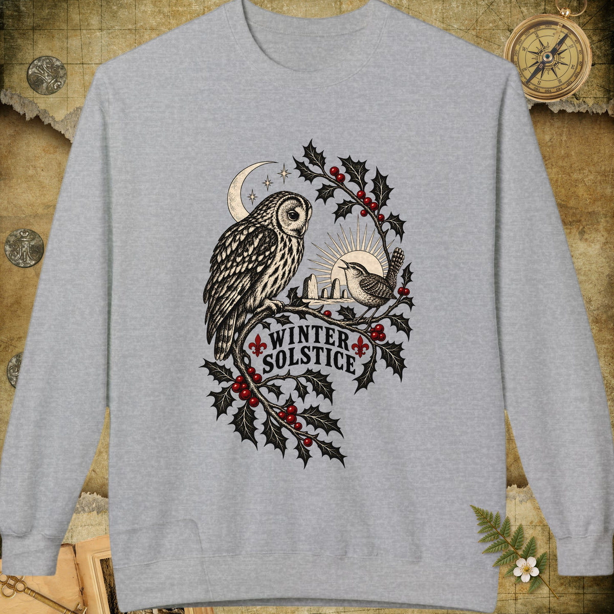 Winter Solstice Holly Birds Sweatshirt - Sport Grey