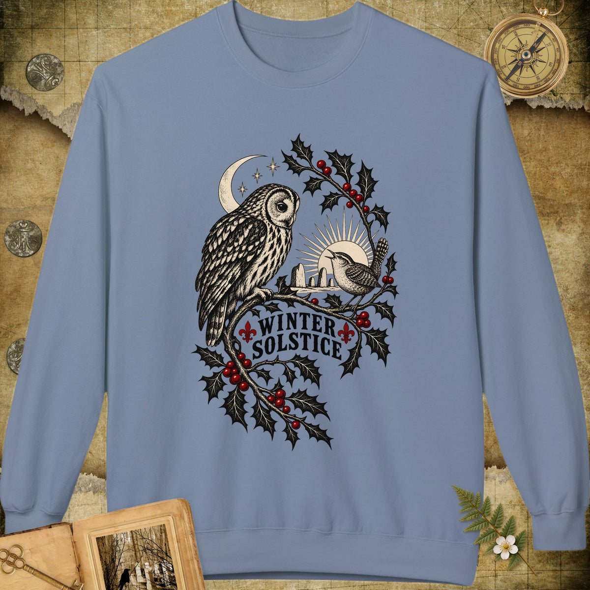 Winter Solstice Holly Birds Sweatshirt - Stone Blue