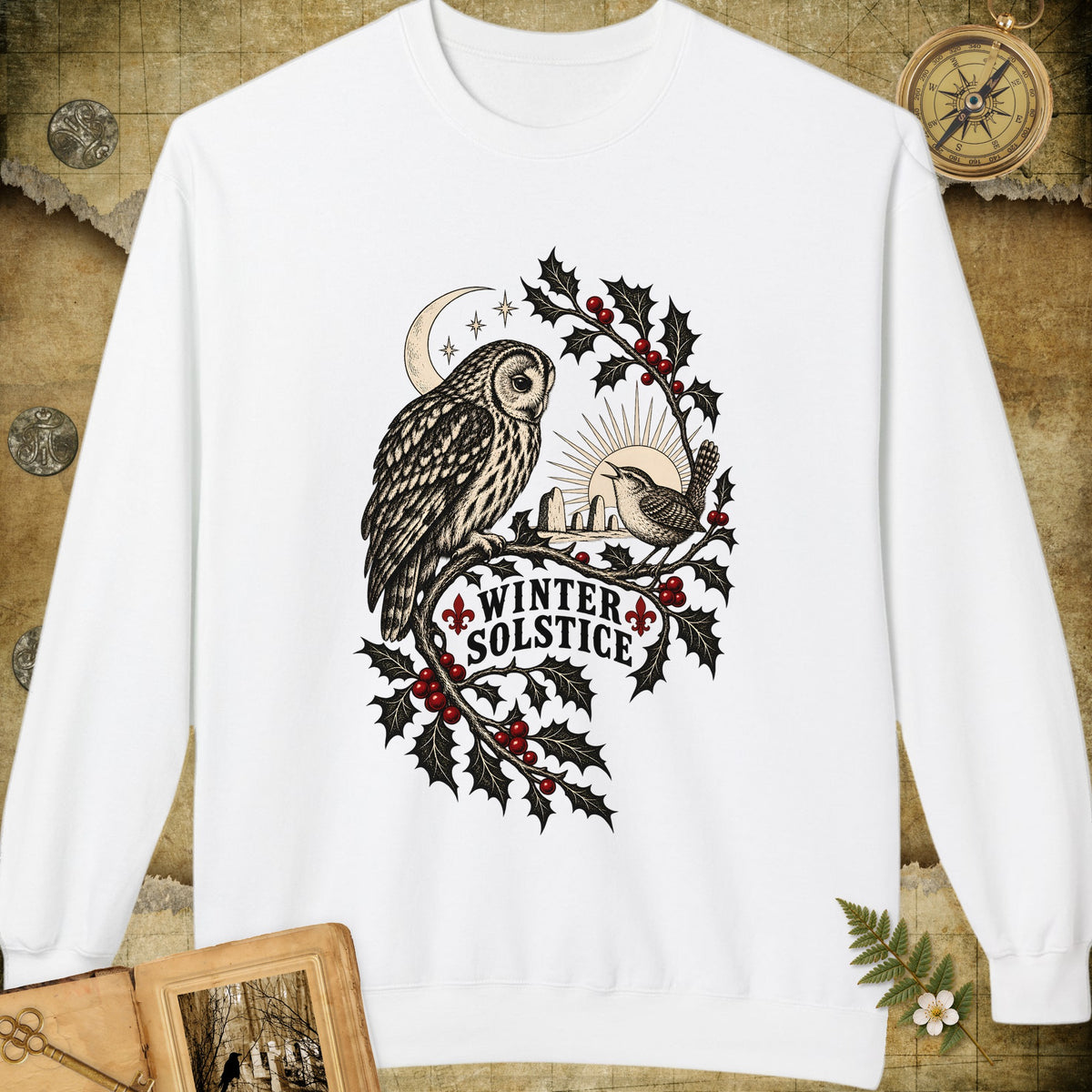 Winter Solstice Holly Birds Sweatshirt - White