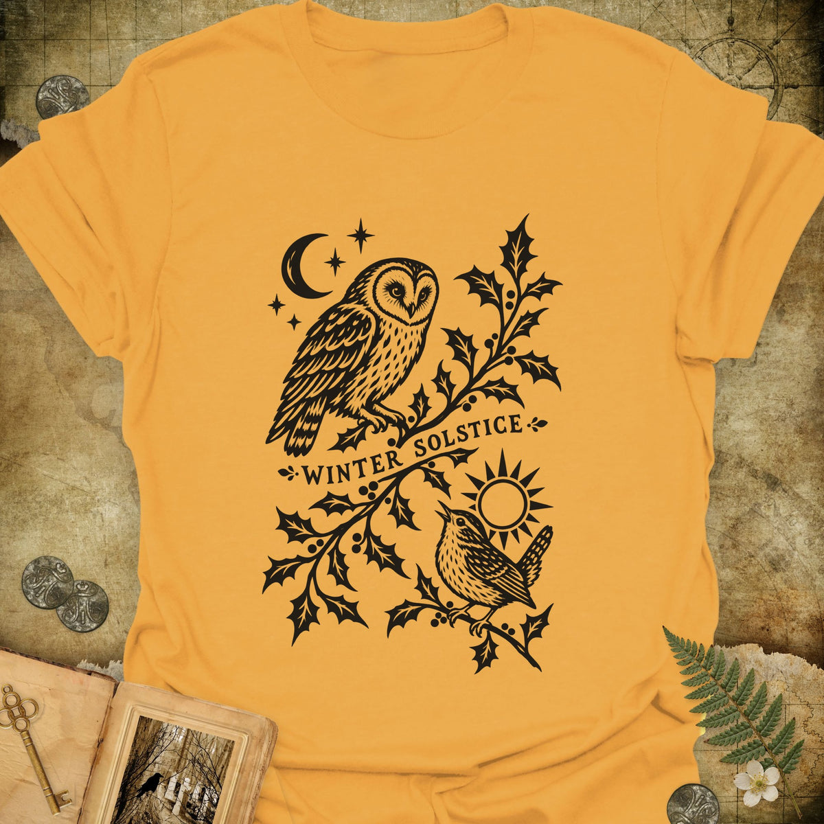 Winter Solstice Holly Linocut Emblem T-Shirt - Gold