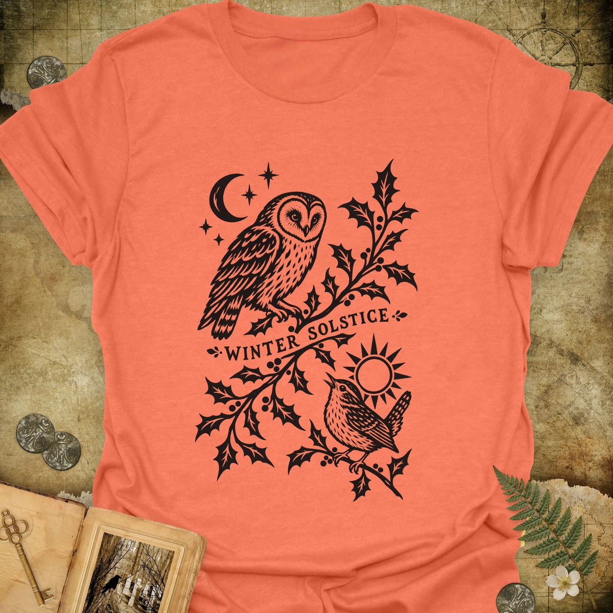 Winter Solstice Holly Linocut Emblem T-Shirt - Heather Orange