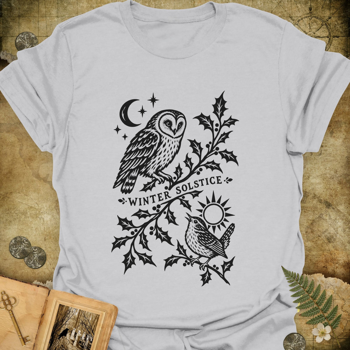 Winter Solstice Holly Linocut Emblem T-Shirt - Ice Grey