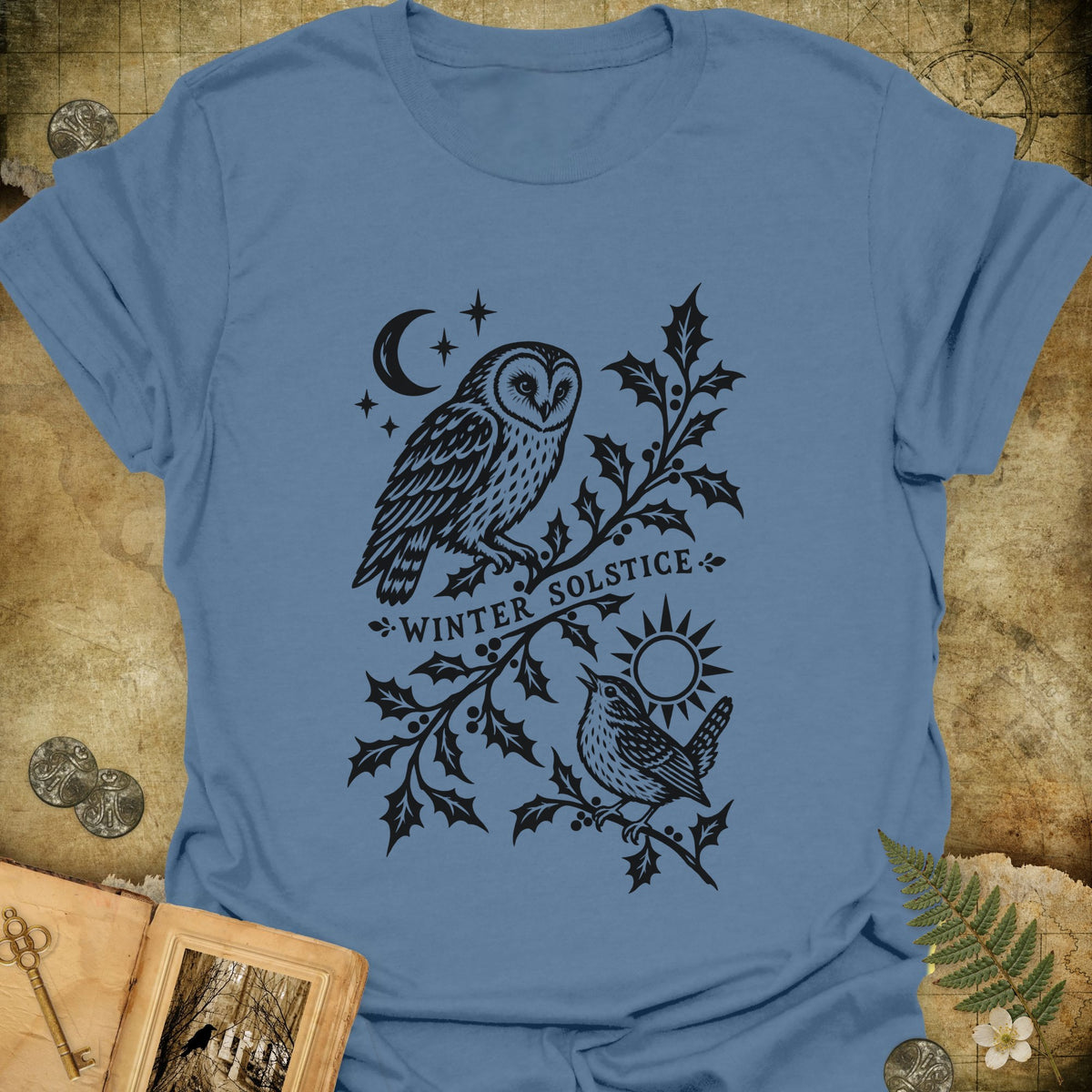 Winter Solstice Holly Linocut Emblem T-Shirt - Indigo Blue
