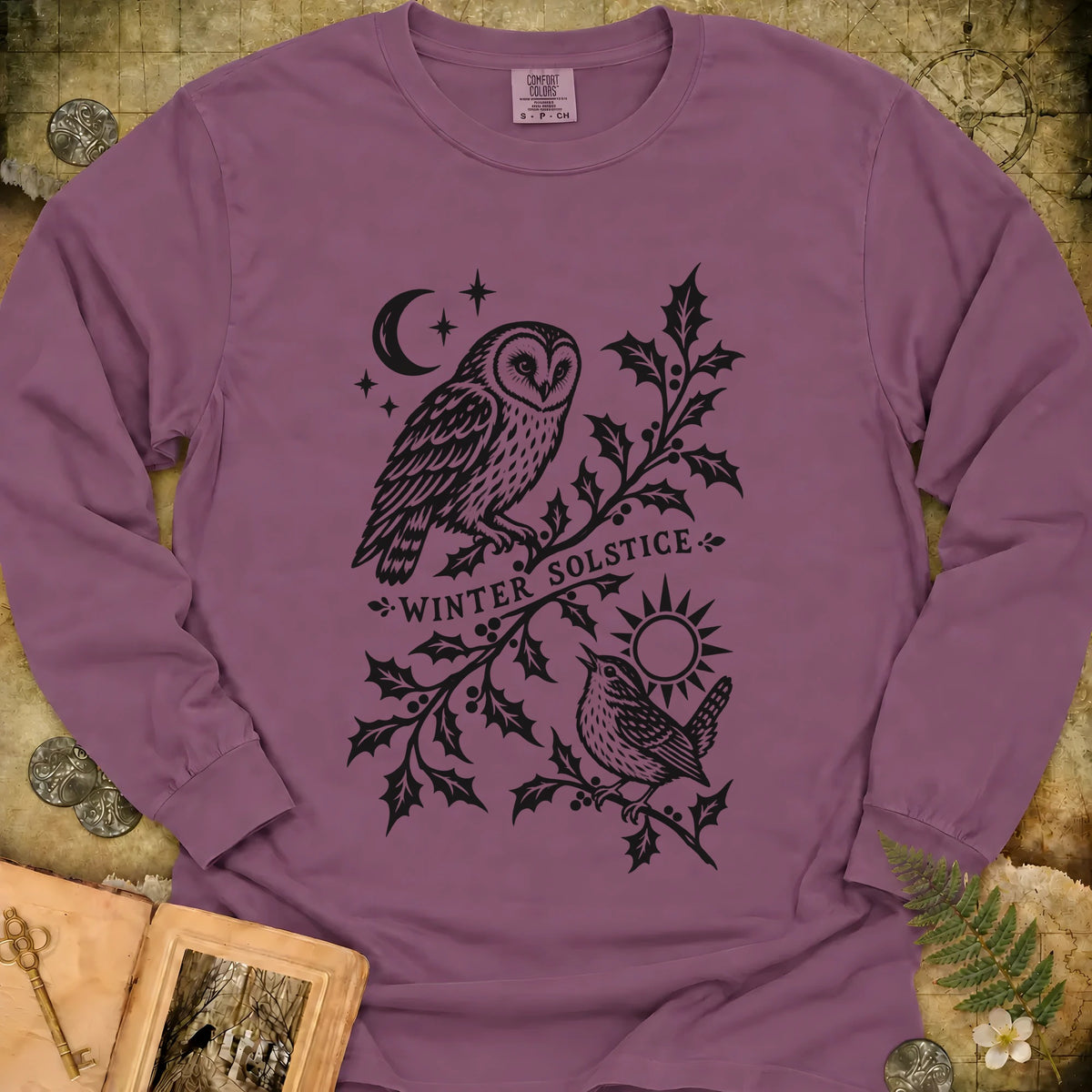 Winter Solstice Holly Linocut Emblem Long Sleeve T-Shirt - Berry