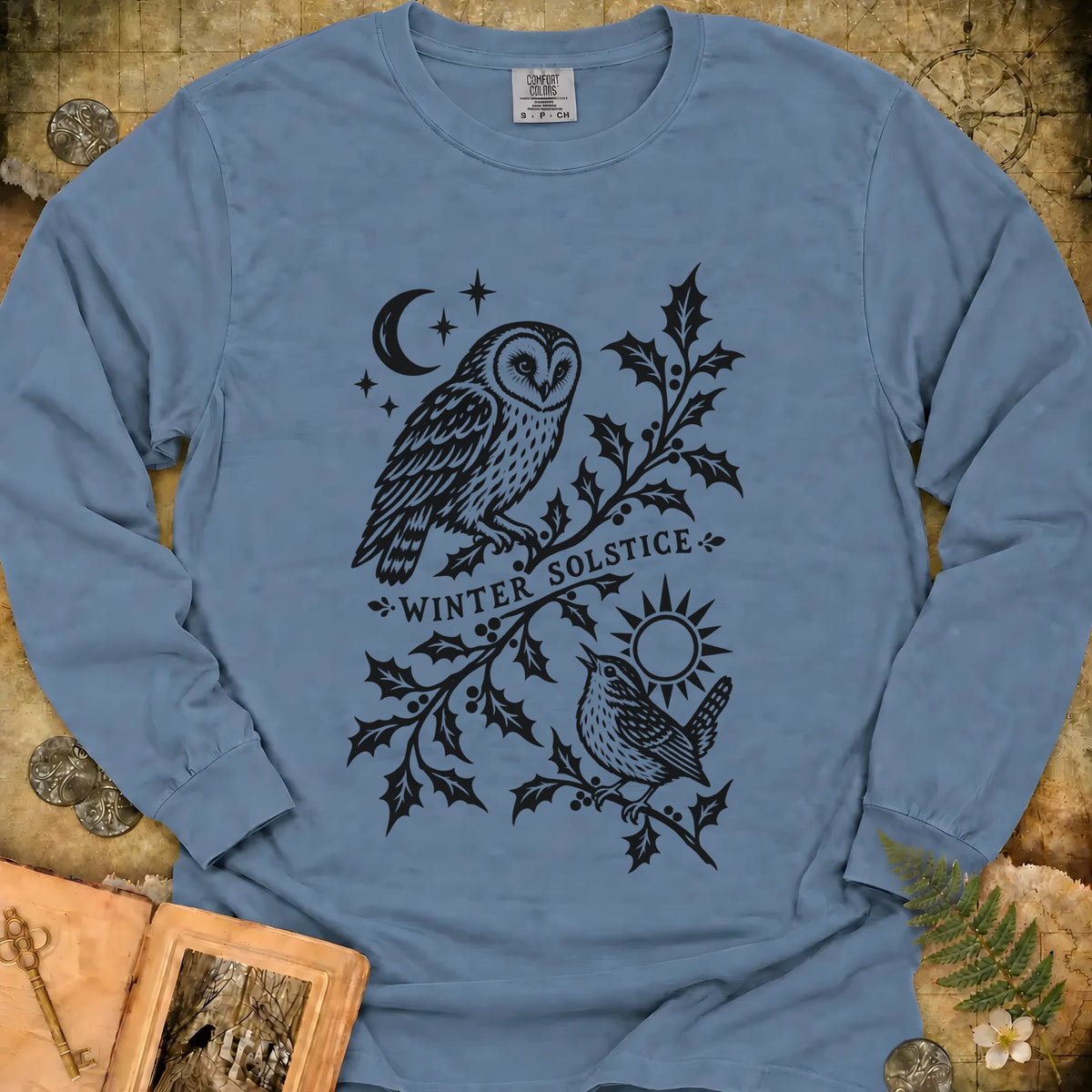 Winter Solstice Holly Linocut Emblem Long Sleeve T-Shirt - Blue Jean