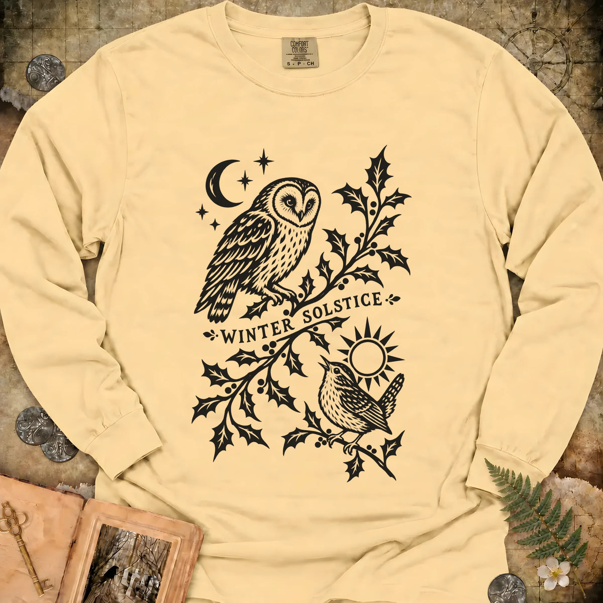 Winter Solstice Holly Linocut Emblem Long Sleeve T-Shirt - Butter