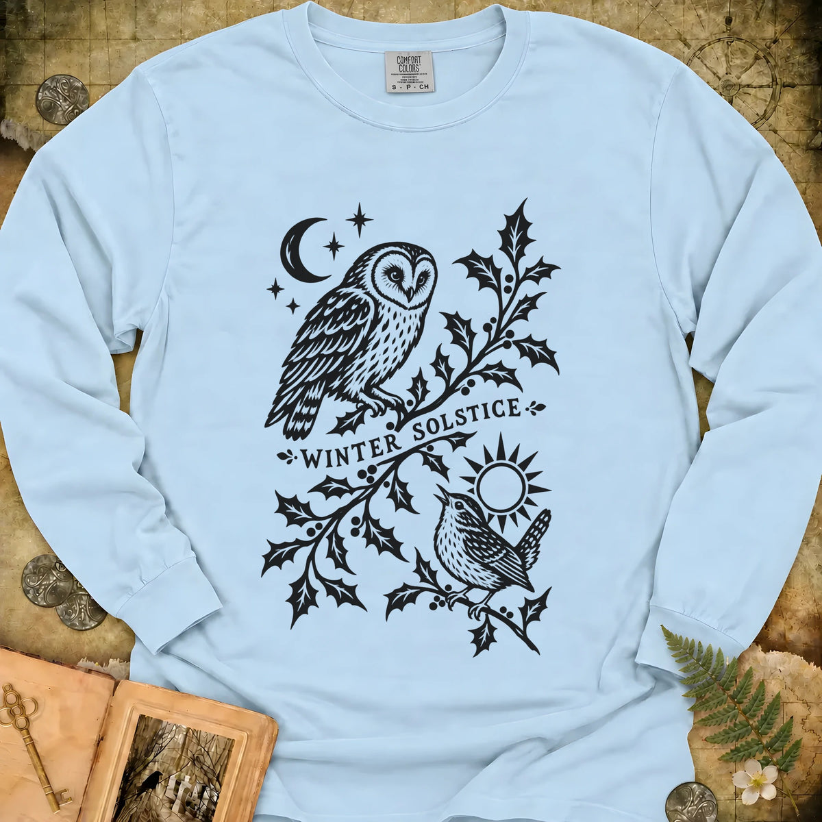 Winter Solstice Holly Linocut Emblem Long Sleeve T-Shirt - Chambray