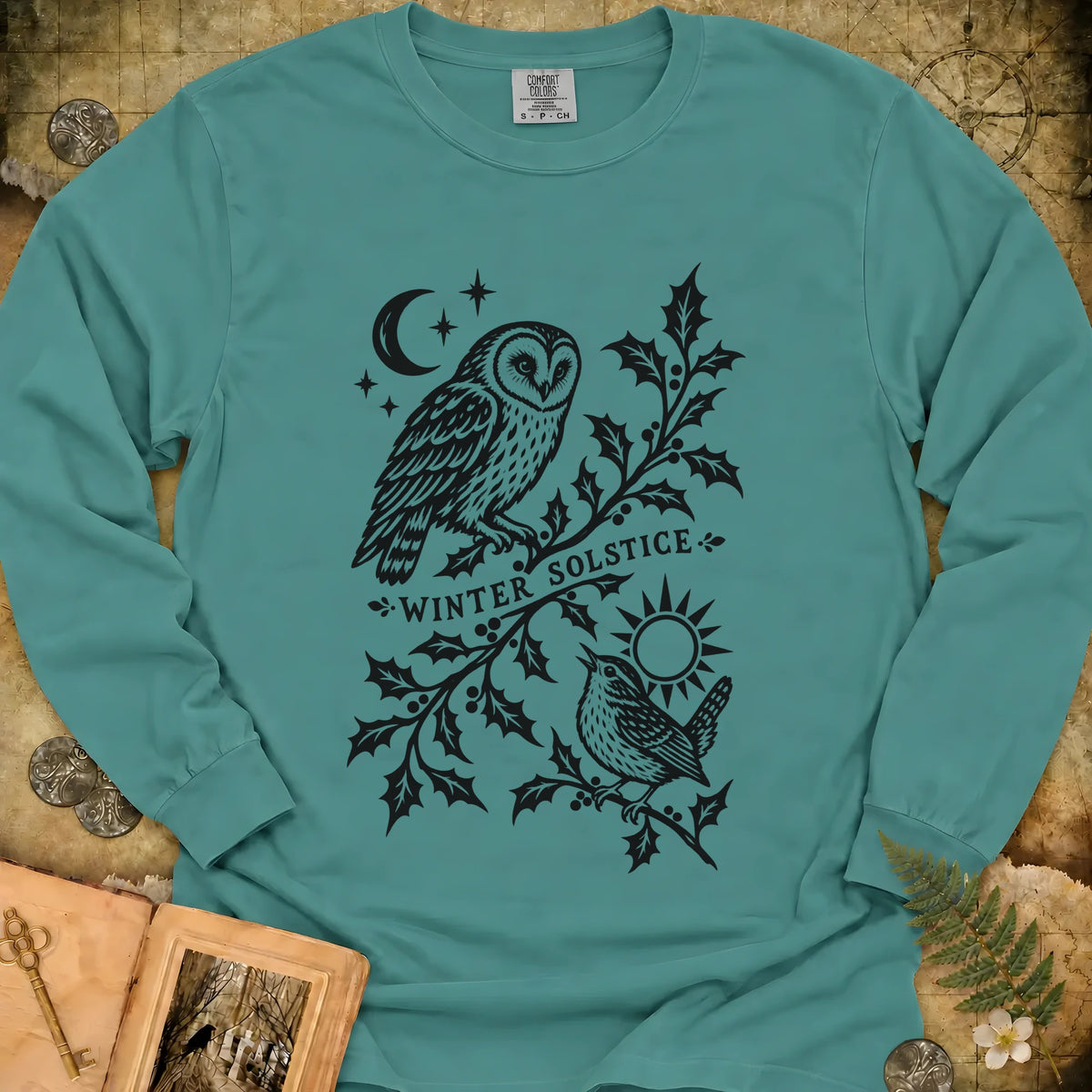 Winter Solstice Holly Linocut Emblem Long Sleeve T-Shirt - Seafoam