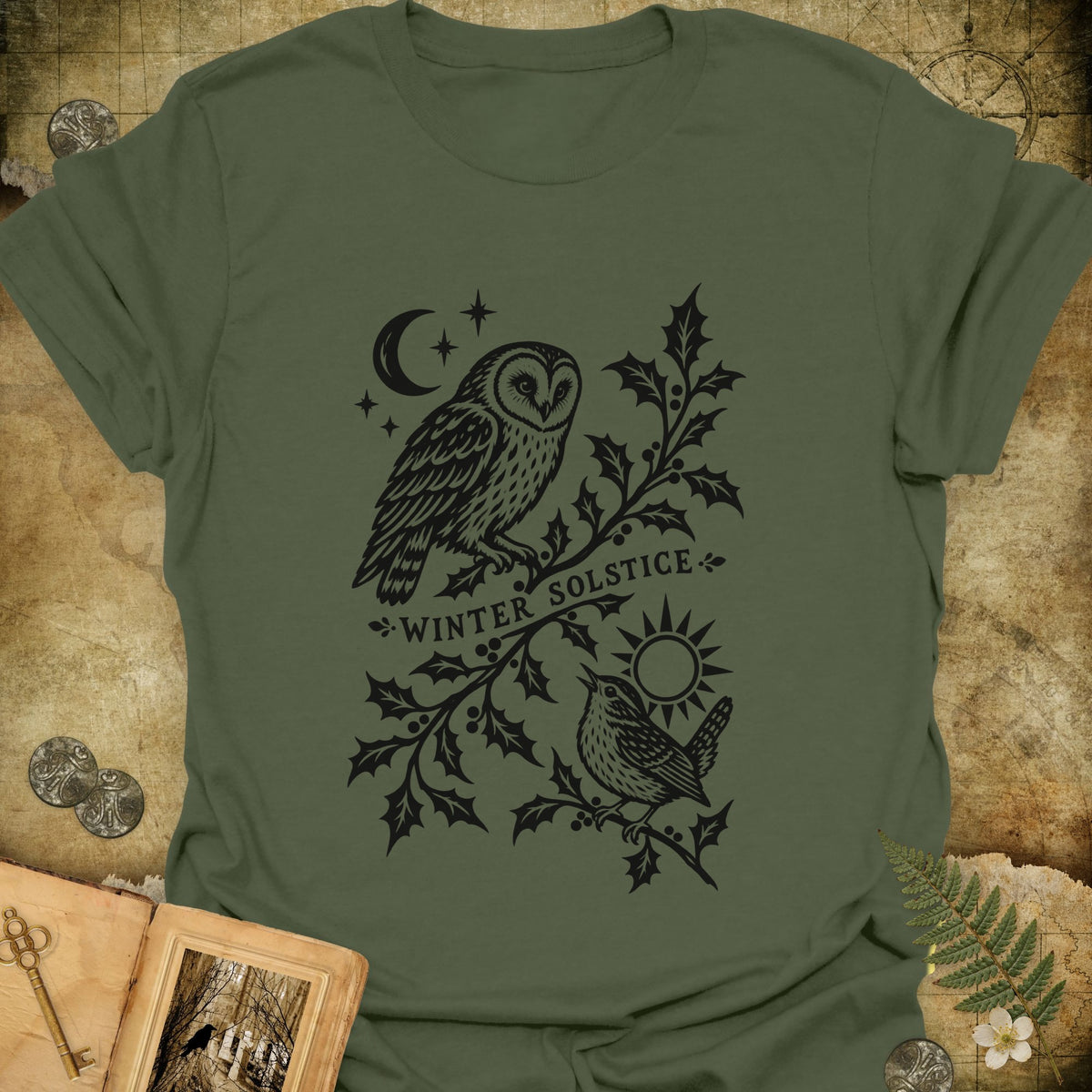 Winter Solstice Holly Linocut Emblem T-Shirt - Military Green