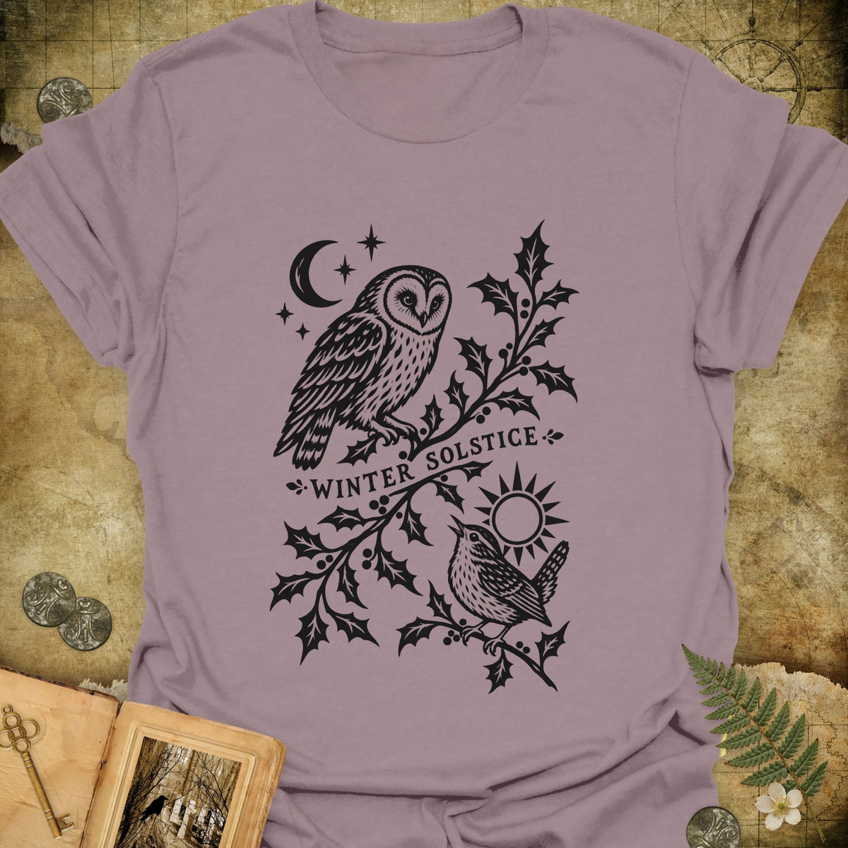 Winter Solstice Holly Linocut Emblem T-Shirt - Paragon