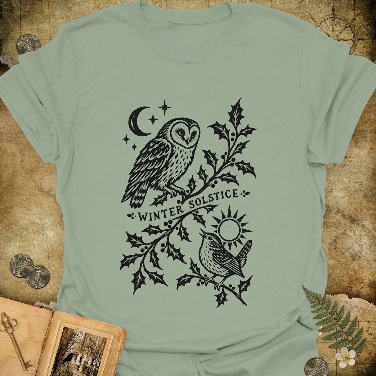 Winter Solstice Holly Linocut Emblem T-Shirt - Sage