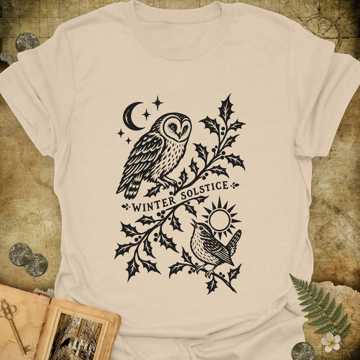 Winter Solstice Holly Linocut Emblem T-Shirt - Sand