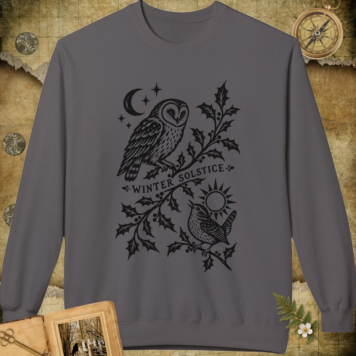 Winter Solstice Holly Linocut Emblem Sweatshirt - Charcoal