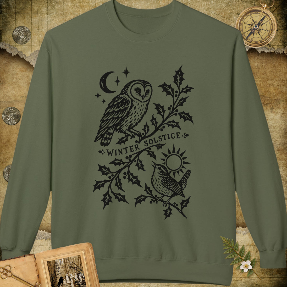 Winter Solstice Holly Linocut Emblem Sweatshirt - Military Green